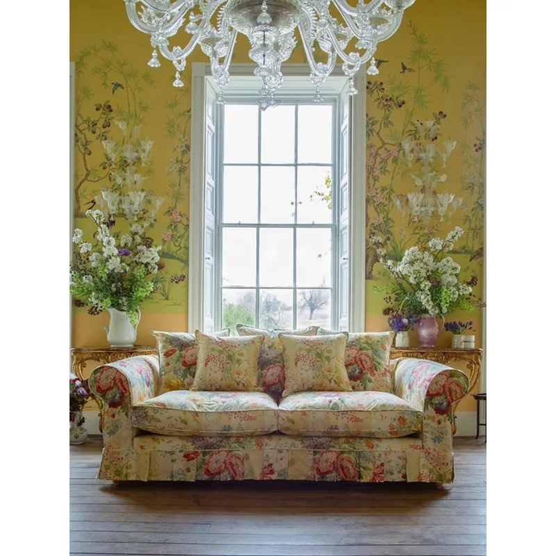 French medieval fabric sofa B & B pastoral floral sofa American country living room oil painting style three-person sofa