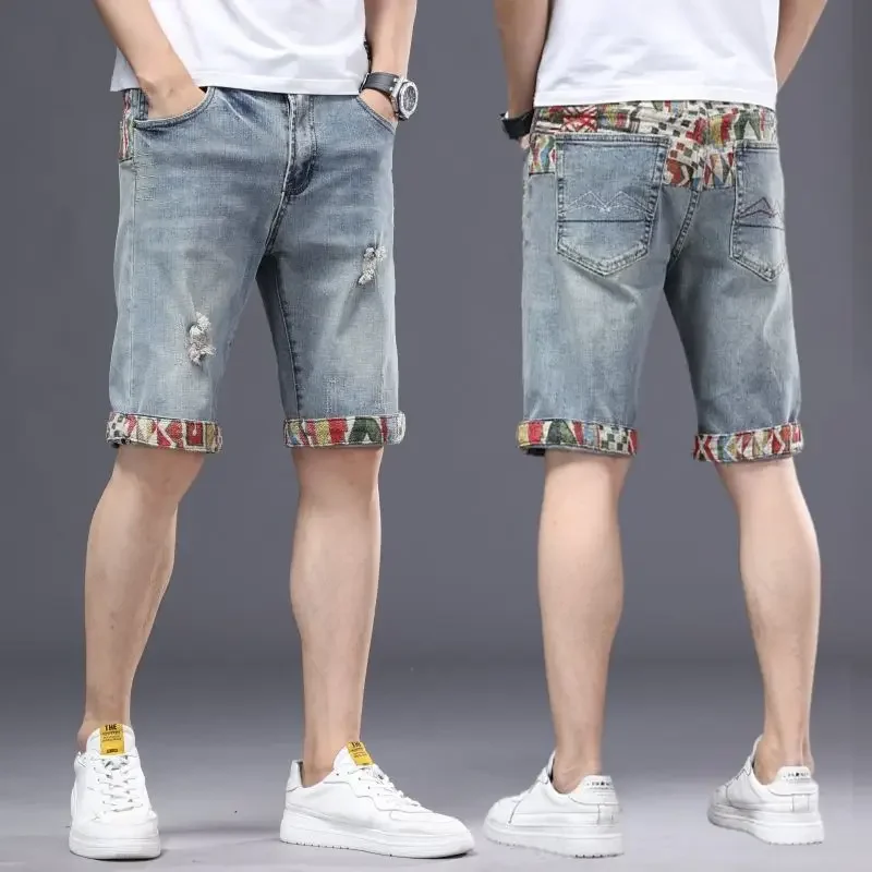 Male Denim Shorts Graphic Men\'s Short Jeans Pants Straight Ripped Embroidery Selvedge Trend 2024 Distressed Sale Harajuku Blue