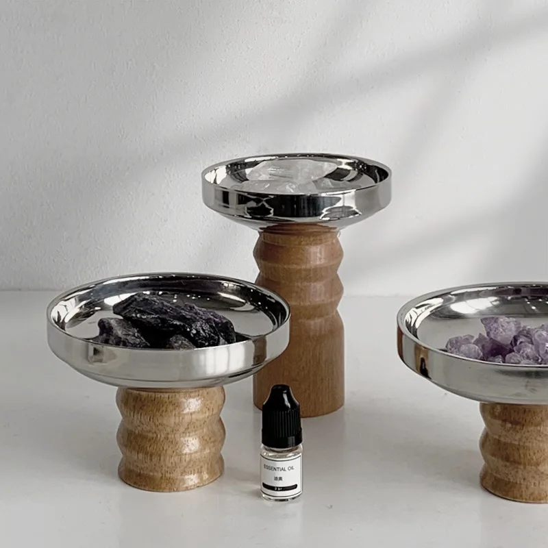 Nordic Stainless Steel Round Solid Wood Base Tray. Entrance Aroma Table Candle Holder,desktop Clutter Storage Tray Storage Plate
