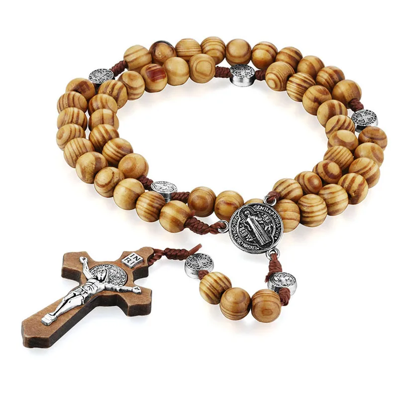 Diyalo Wood Beads Rosary Necklace Saint Benedict Medal Crucifix Jesus Cross Necklace Catholic Prayer Chaplet Handmade Jewelry