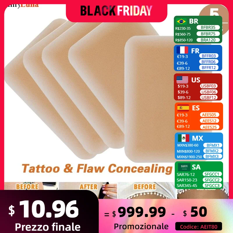 5 Pack Breathable Tattoo & Flaw Concealing Tape,  Scars Flaw Cover UP Tape Stickers,Tattoo Covers and Skin Shields Cover Up Tape