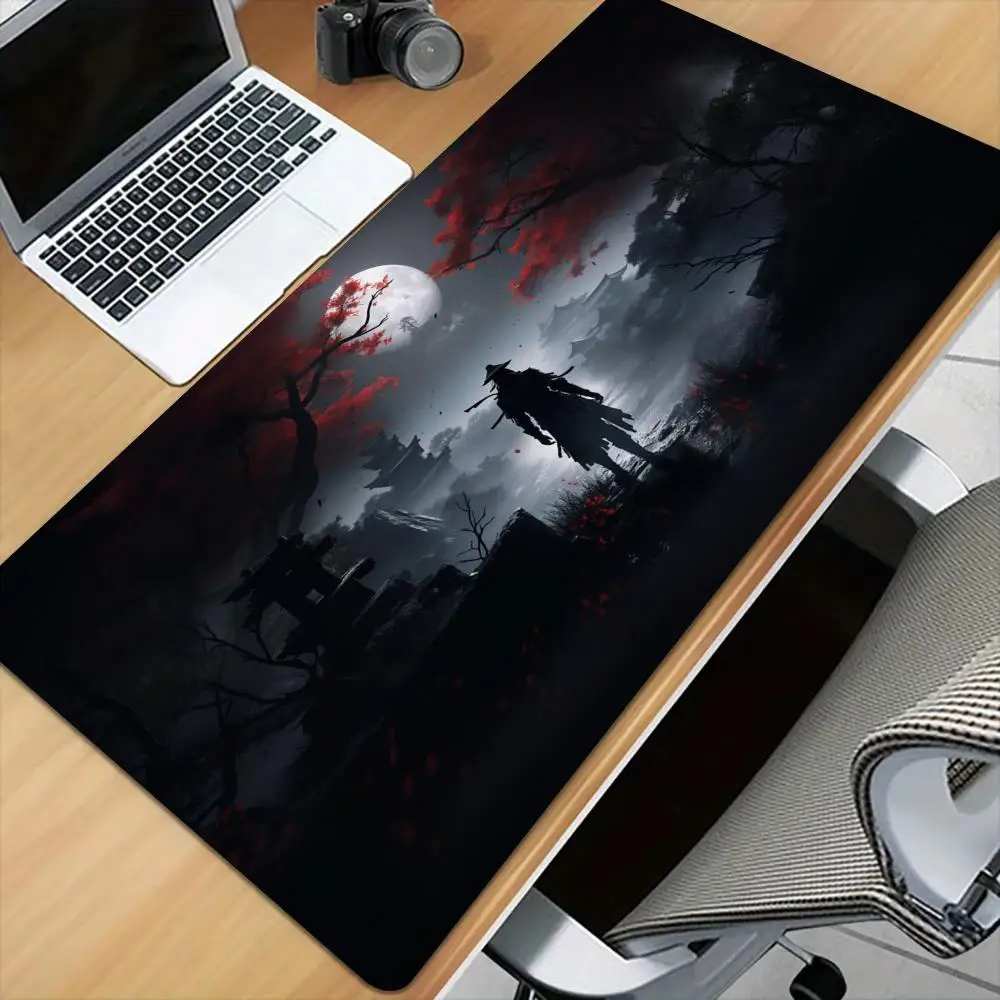 

Большой коврик для мыши с пейзажами самурая и полнолуния, настольный коврик с прошитыми краями, нескользящие настольные аксессуары, игровые коврики, удлиненный коврик