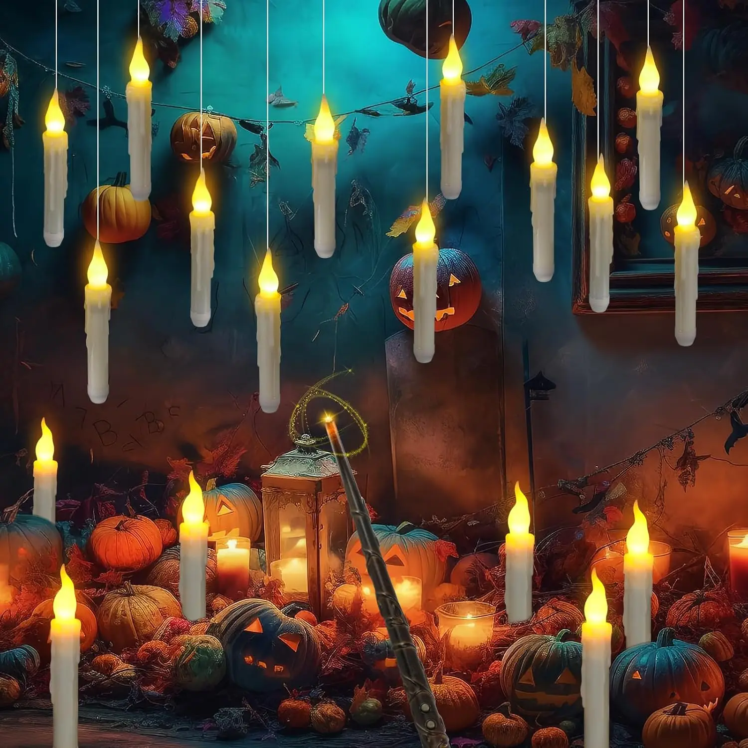 12 Pcs Floating Candles with Magic Wand Flickering Warm Light LED Flameless Candle Taper Candles for Christmas Halloween Party