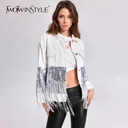 TWOTWINSTYLE Colorblock Spliced Tassels Designer Coat For Women Lapel Long Sleeve Patchwork Button Streetwear Denim Coats Female