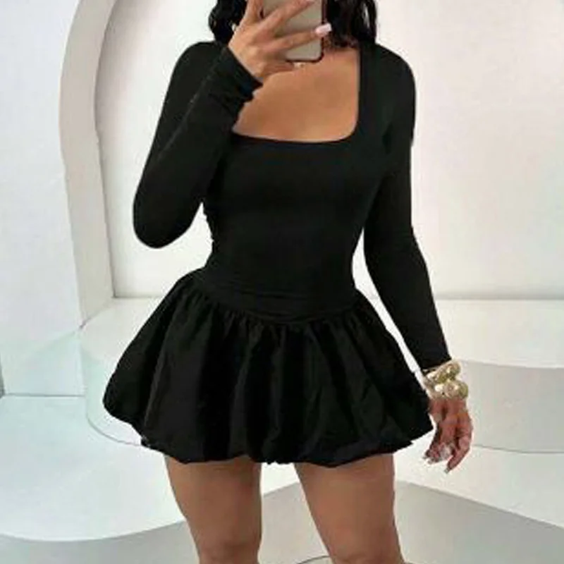 Slergiri Women's Scoop Neck Sexy Bud Hem Dress 2025 Spring Autumn Black Long Sleeve Night Club Party Girl Mini Dresses