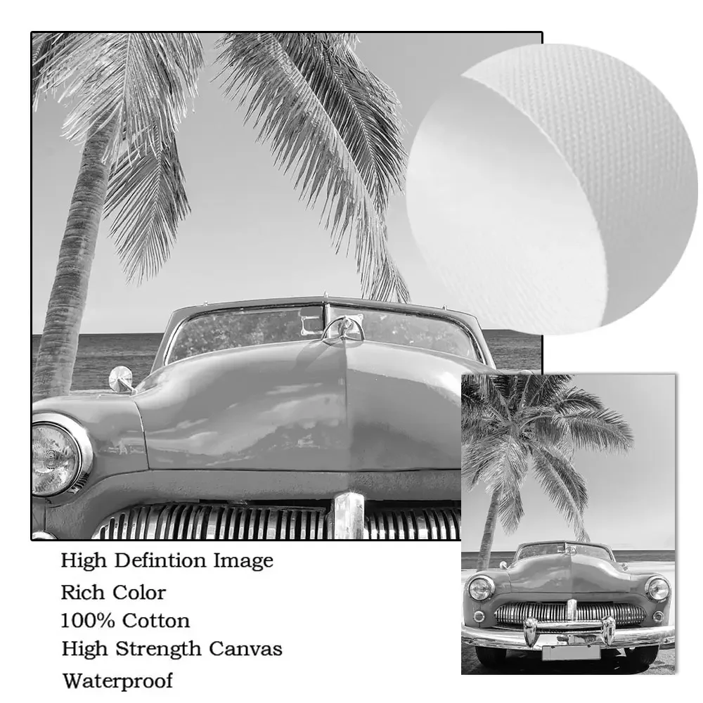 흑백 불가사리 해변 벽 포스터 자동차 야자수 여름 풍경 아트 프린트 캔버스 그림 북유럽 홈 데코 / 홈 인테리어, image size:1000x1000