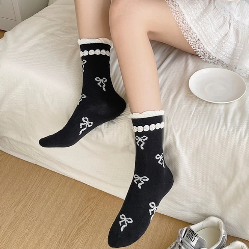 المرأة الربيع والصيف جديد الحلو لوليتا منتصف العجل الجوارب Bowknot الأوسط جوارب أنبوبية Balletcore مزدوجة تكدرت متفوقا طاقم الجوارب