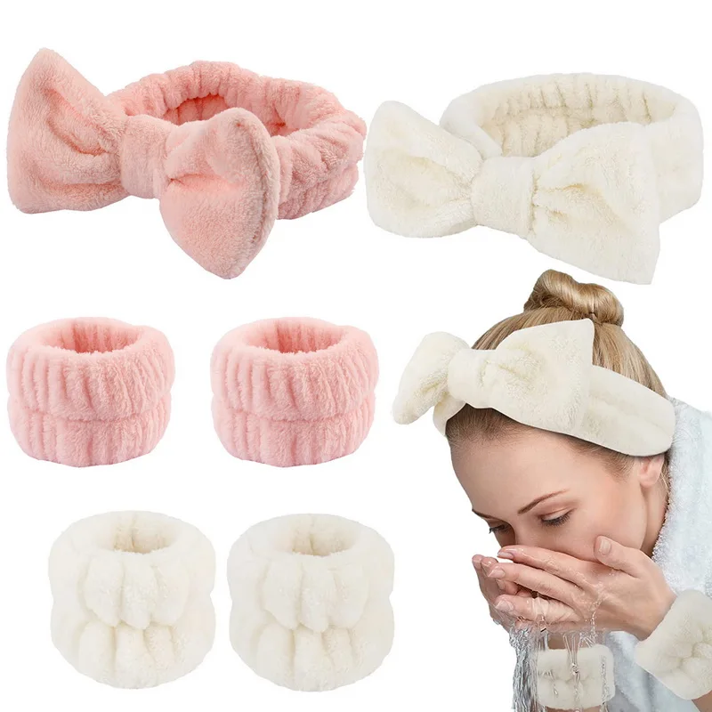 1set Women Wrist Towels For Washing Face Soft Bow Headband Girls Wrist Wash Band Pink Face Wash Wristband Spa skincare Hairbands