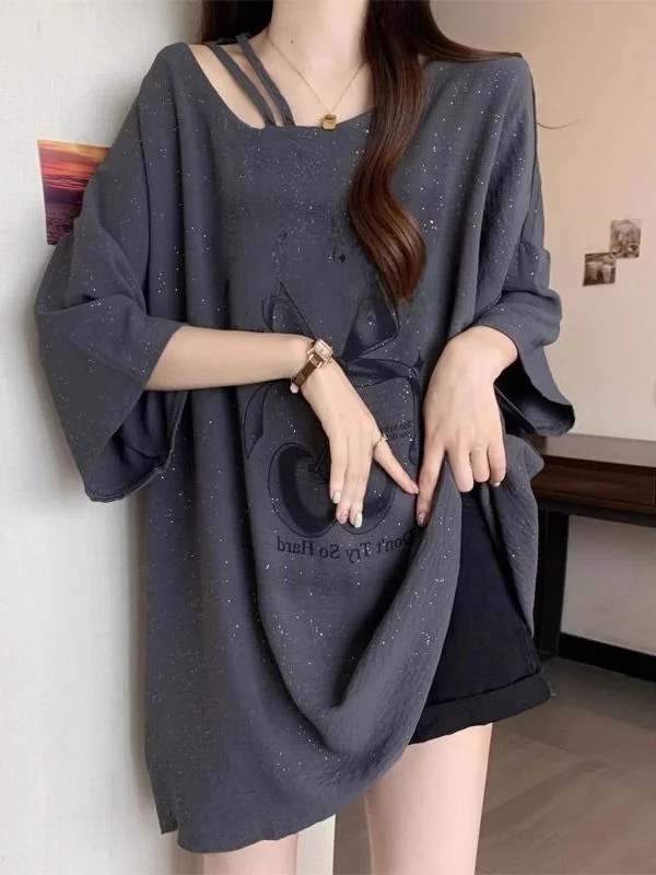Glitter Short Sleeve T-Shirt plus Size Women's Summer Slimming Mid-Length Loose Butt Covering Top Casual Style Printed Creati...