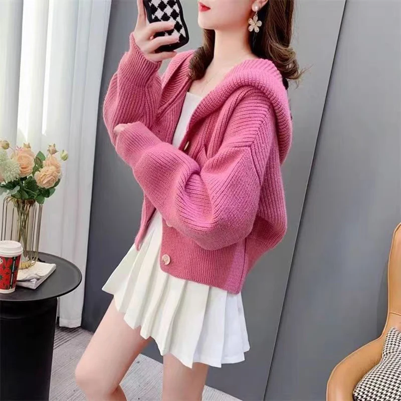 Sweet Hooded Button Pockets Solid Color Cardigan Sweaters Female Clothing 2024 Autumn Winter New Loose Knitted Casual Tops