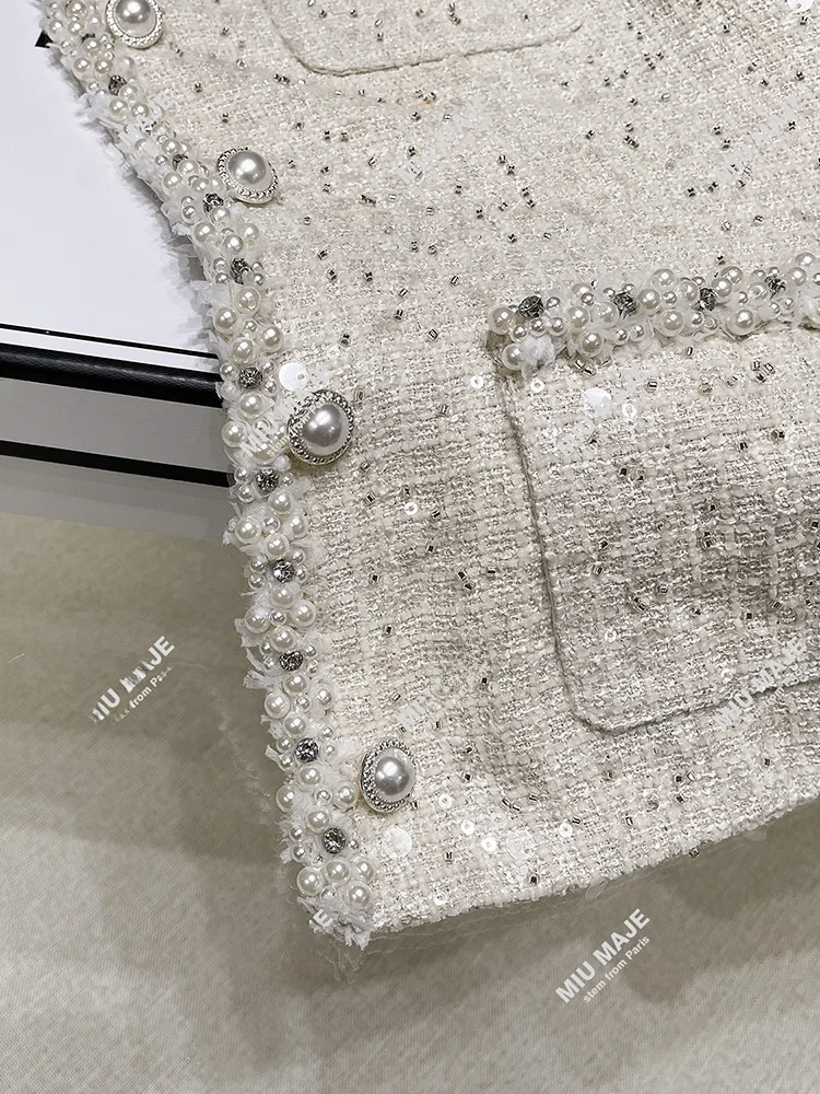 

High-End Women's ort Open Cardigan Jaet with Heavy Beading Square Collar Commuter Sle Loose Fit Pure Color Spring 2024