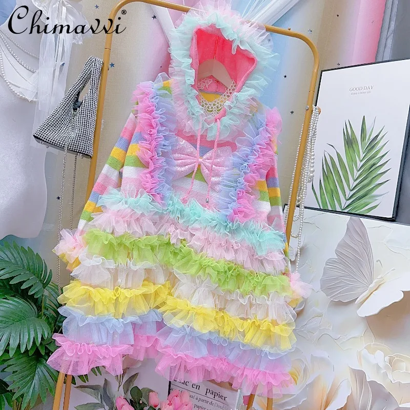 

Милое сетчатое платье принцессы, осень 2021, новая мода, радужное свободное платье с длинными рукавами Kawaii, милые женские короткие платья-свитера для девочек