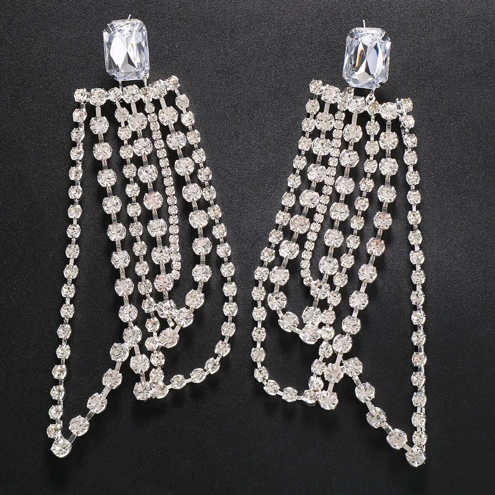 Bridal Tassel Exaggerated Earrings for Women Wedding Accessories Fringe Rhinestone Big Dangle Earrings Fashion Brincos Jewelry