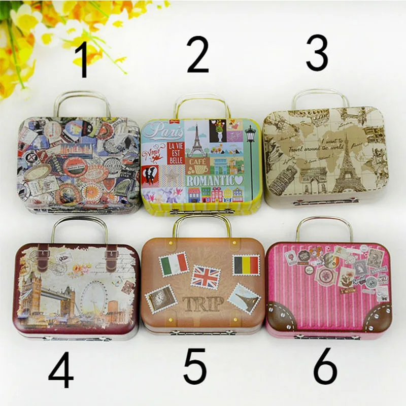 Vintage Suitcase Shape Metal Candy Storage Box Wedding Favor Tin Cable Organizer Container Tin Boxes Gift Storage