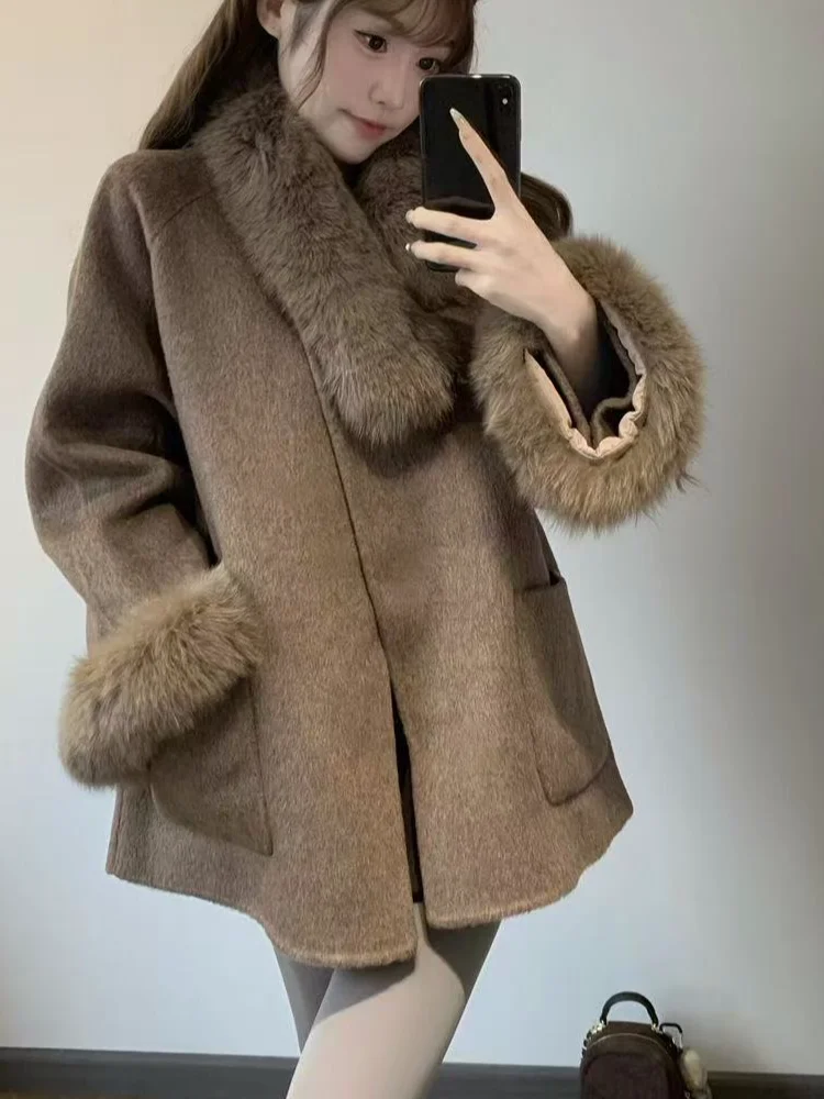 

Женское шерстяное пальто Ele с коричневым меховым воротником, средней длины, двубортное, во французском стиле, утепленное, зимняя верхняя одежда