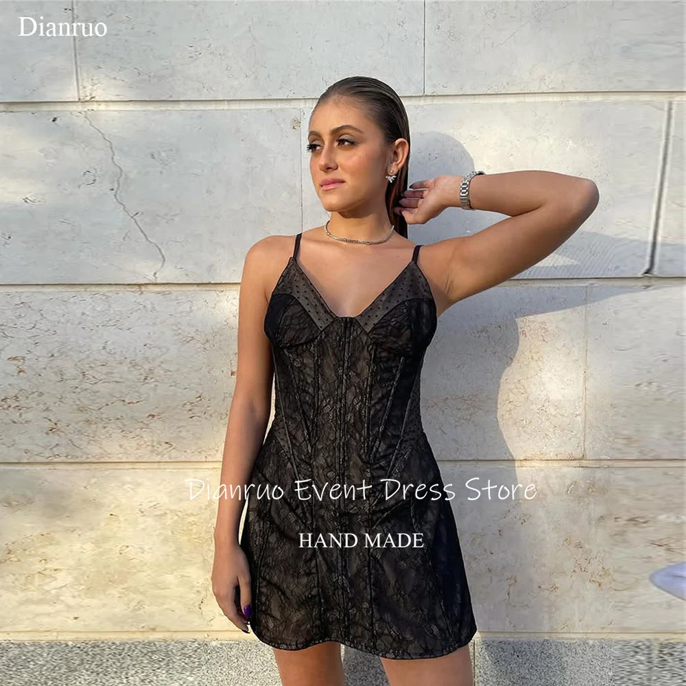 

Dianruo A Line Corset Prom Dress Mini Lace Sleveless Party Gowns Spaghetti Strap Sweetheart Abiti Da Cerimonia Donna Customized