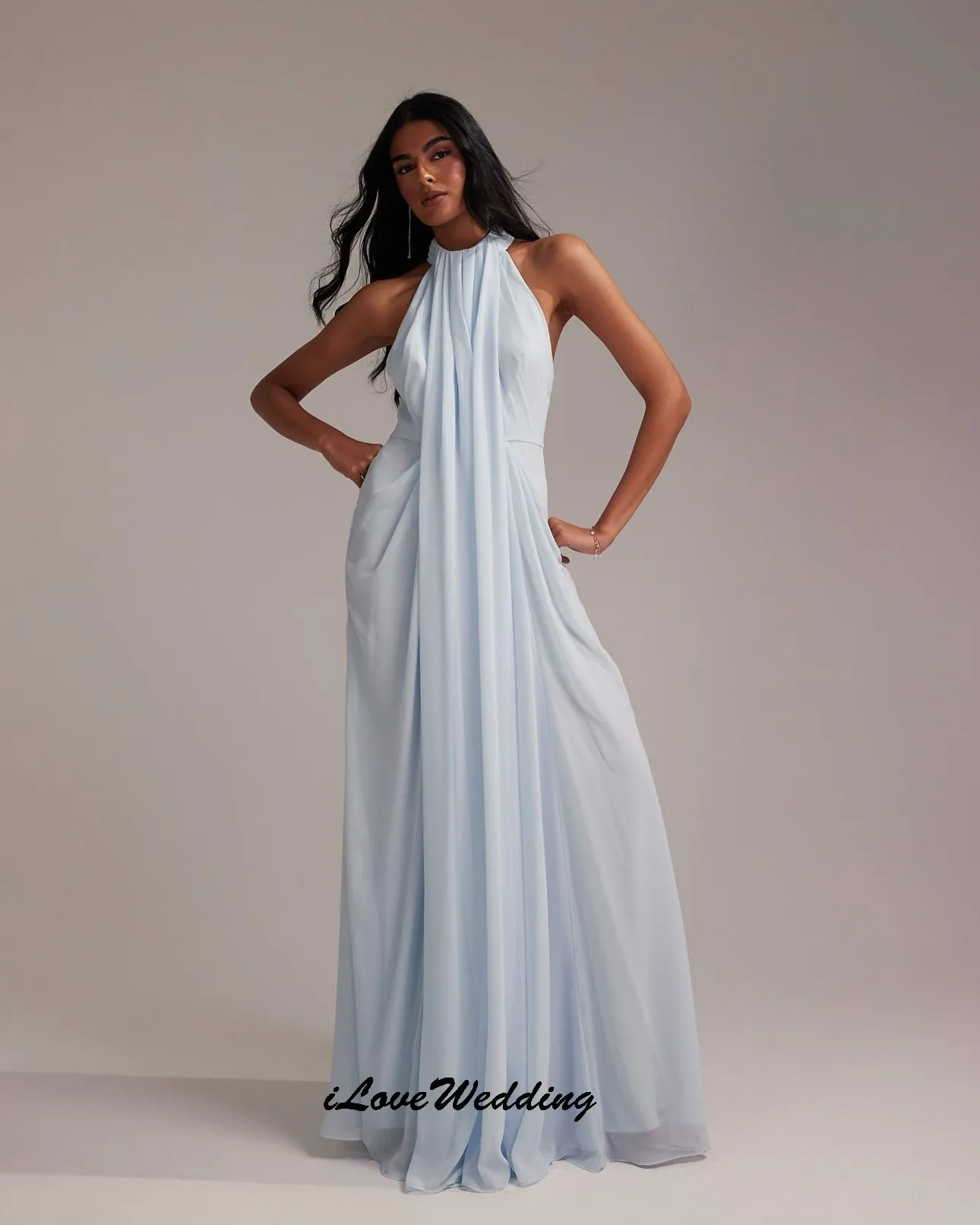 

Blue Sleeveless Chiffon Prom Dresses 2025 Halter Pleated Wedding Party Dress For Women Formal Gowns Floor Length Gala Customized