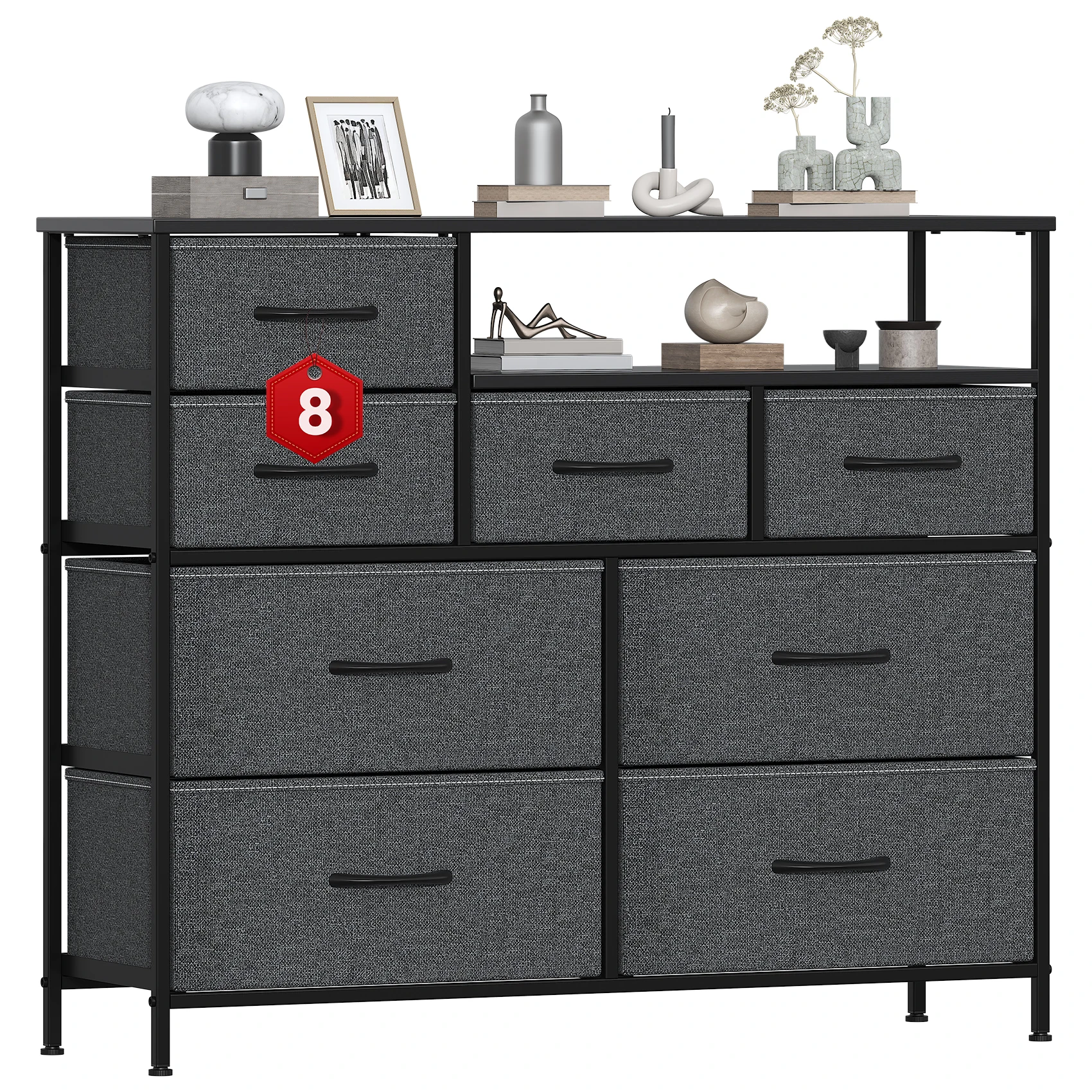 Commode en tissu avec 8 tiroirs et étagères ouvertes, meuble de rangement avec bacs en tissu, unité de rangement à cadre métallique pour chambre à coucher, salon, placard et couloir.