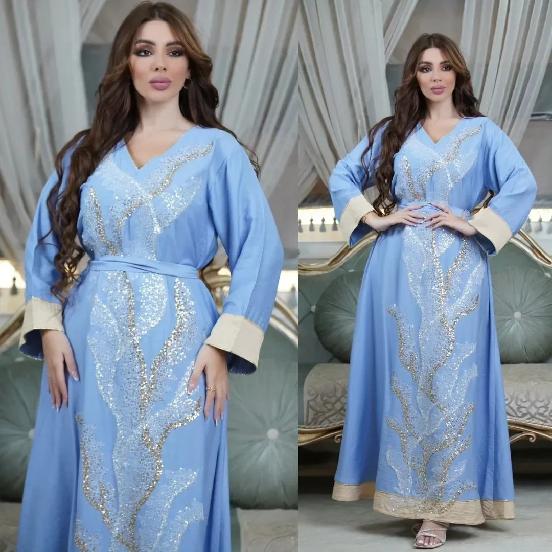 Imagem -05 - Vestido Árabe de Lantejoulas para Senhoras Abaya Longa Kaftan Dubai Túnica Muçulmana Rosa Luxo