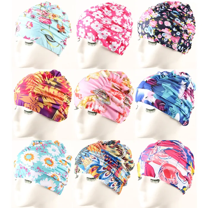 Women Long Hair Swimming Cap Pleated Bathing Hat Nylon Pool Fashion Stretch Flower Printed Elastic Adult Beach