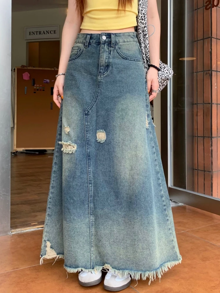 Long Skirts Women 2024 Spring Summer Mori Girl Style Vintage Broken Holes High Waisted Jean Skirt Ladies Tassel Denim Skirt