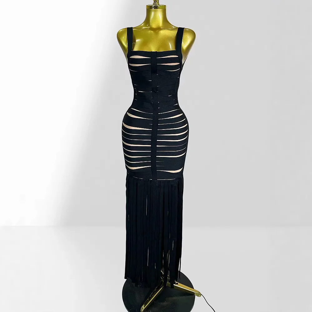 Black Tassel Long Bandange Dresses Sexy Sleeveless Square Collar Striped Bodycon Dress Fashion Evening Birthday Party Gown