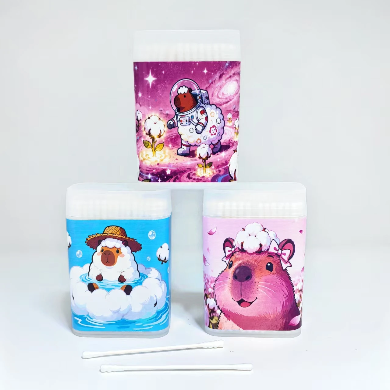300pcs creative cotton capybara-shaped cotton swabs, round screw, fine shaft, double-headed cotton swabs