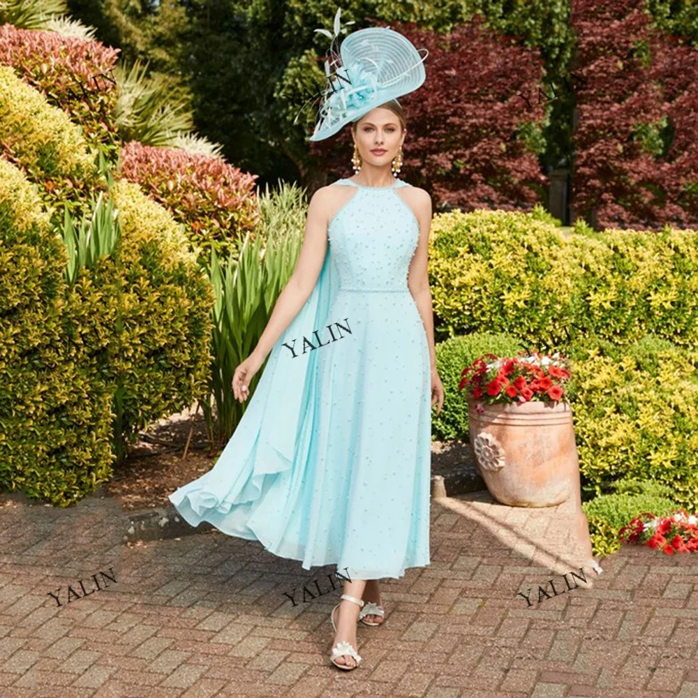 Customized Fashion Mint Green Wedding Guest Gowns For Women A-Line Chiffon Pears Mother Of The Bride Dresses Halter Neck Prom Dr