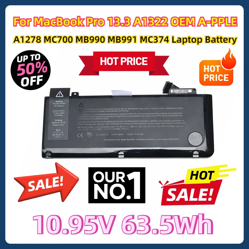 

For MacBook Pro 13.3 A1322 OEM A-PPLE Laptop Battery Bank A1278 MC700 MB990 MB991 MC374 10.95V 63.5Wh