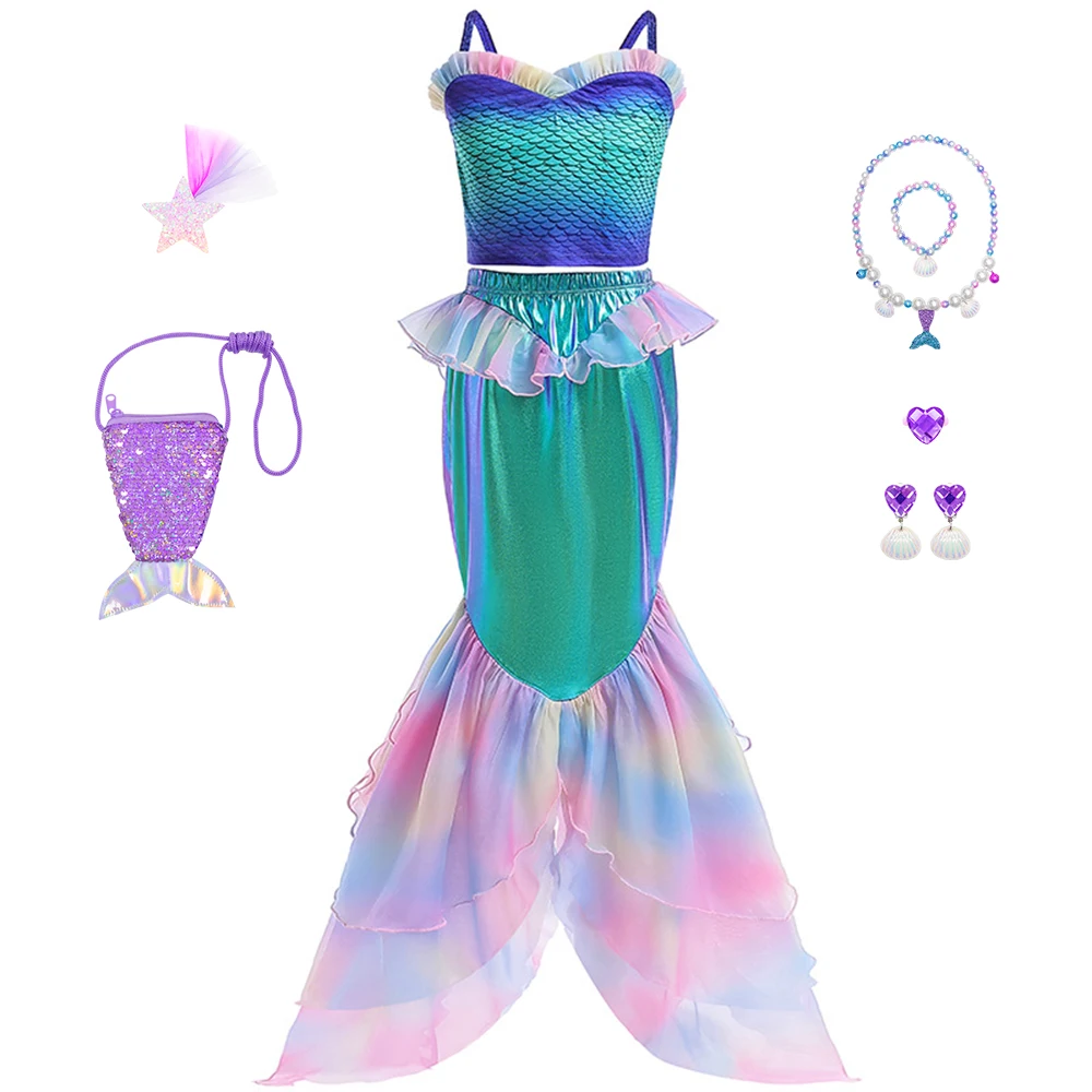 Little Cute Purple Princess Dress For Short Sleeve Tulle Cosplay Mermaid Costume Children Carnival Birthday Party Clothes 3-12Y