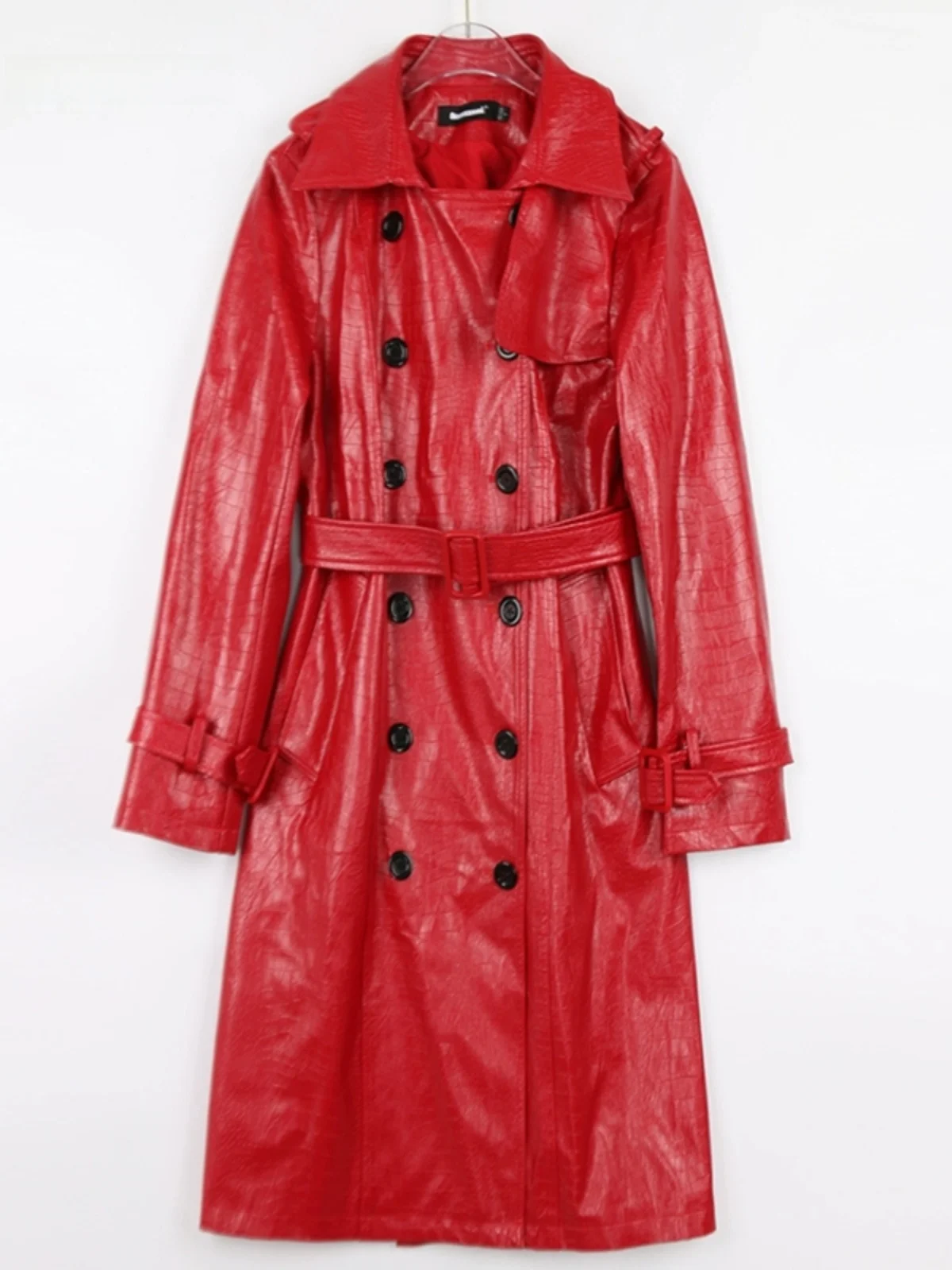 Nerazzurri Red Crocodile Pattern Painted Leather Jacket Women's Long Double Row Button European Style PU Leather Windbreaker ...