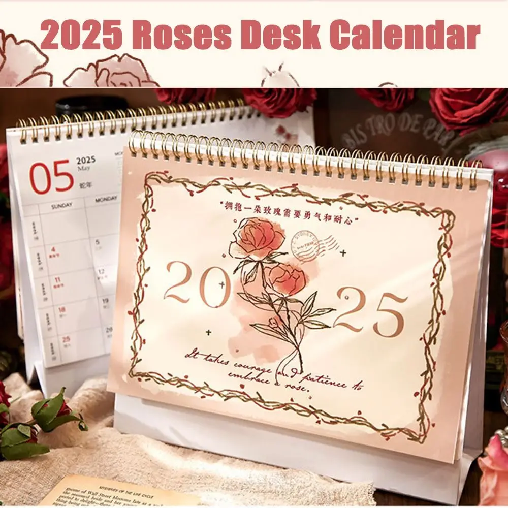 ורדים יצירתיים לוח שנה חודש פרחוני סליל וינטג 'ורדים רומנטיים שולחן לוח השנה תפאורה נייר עבה 2025 מתכנן חודשי