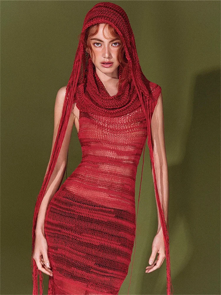 فستان Insglas شفاف من خلال فستان كروشيه مثير بقلنسوة وياقة كومة بدون أكمام ماكسي Bodycon موضة الحفلات المسائية والمناسبات