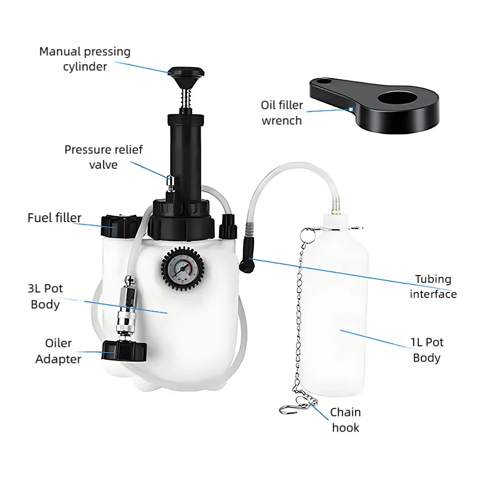 เครื่องเปลี่ยนถ่ายน้ำมันเบรกแบบแมนนวล 4 พอร์ต พร้อมอะแดปเตอร์ถังเก็บน้ำมันเสีย ประแจ 3 ลิตร เครื่องมือเปลี่ยนถ่ายน้ำมันเบรกยานยนต์ ปั๊มแรงดัน