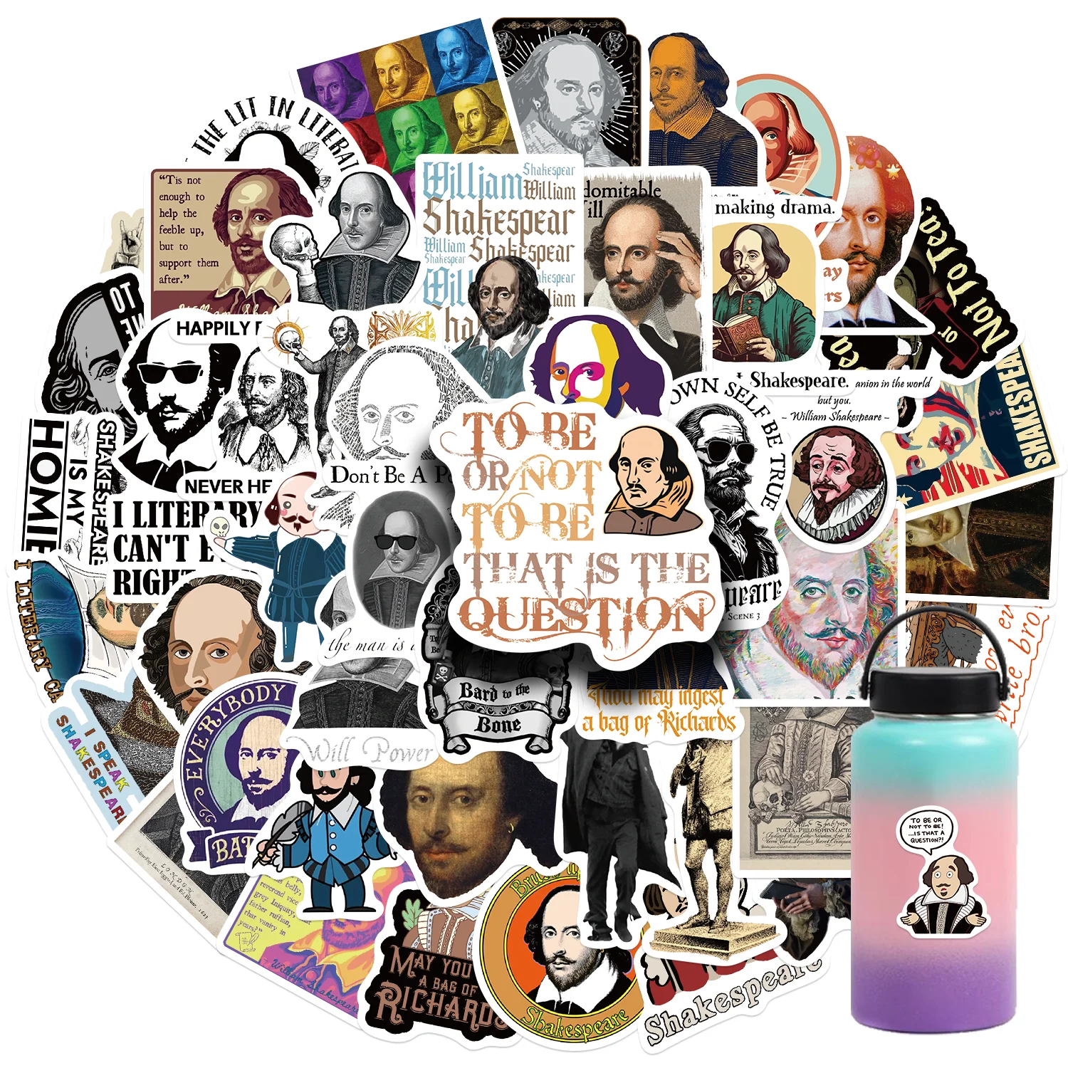 50PCS William Shakespeare Renaissance Vinyl Waterproof Stickers for Water Bottle Laptop Skateboard Scrapbook Luggage Kids Toy