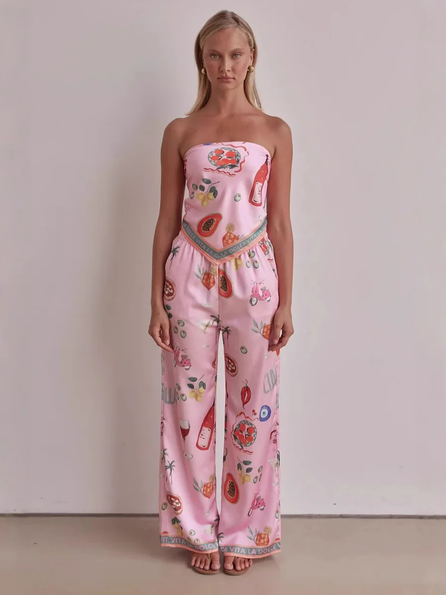 

Sexy Vaion Print Crop Top High Waist Wide Leg Pants Two Piece Set Faionable Polyester Long Pants Ensemble for Women