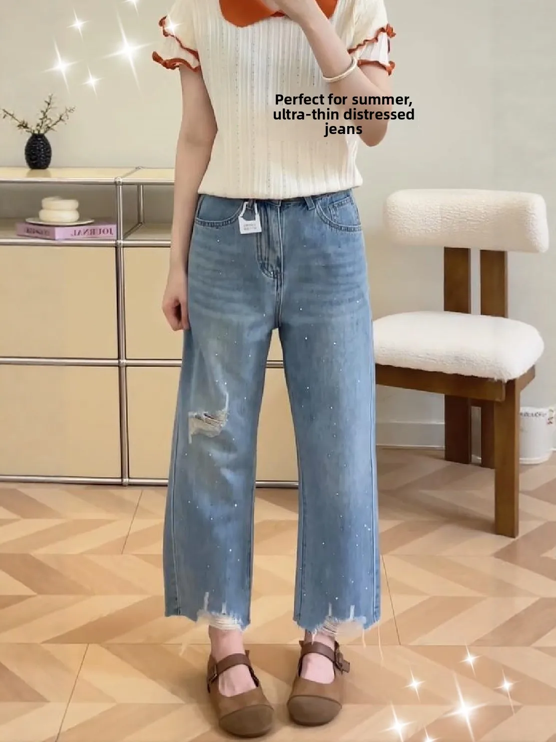 

Summer Thin Rhinestone Hole Straight Leg Jeans Women's 2026 New Small Size Casual Slimming Cigarette Pants Commute Style