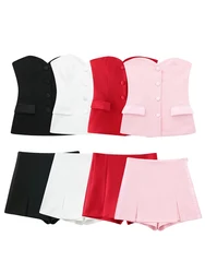 HH 2024 Women Summer Soild Shorts Skirts Set Casual Tube Top With Front Button Tube Corset+Slim Slit Shorts Office Lady Suit