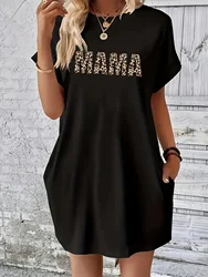 Summer women's Leopard Mama print loose oversized casual round neck short sleeved pocket dress