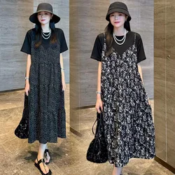 Korean Style Fashion Maternity Summer Dress for Holiday Long Loose Fashion Faux Two Pieces Pregnant Woman Black Dot Beach Dress