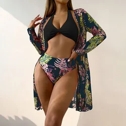 Halter Bikini we wzory 2024 kobiet strój kąpielowy z Kimono wysoki stan stroje kąpielowe kąpielowy kąpielowy kostium kąpielowy 3 szt.