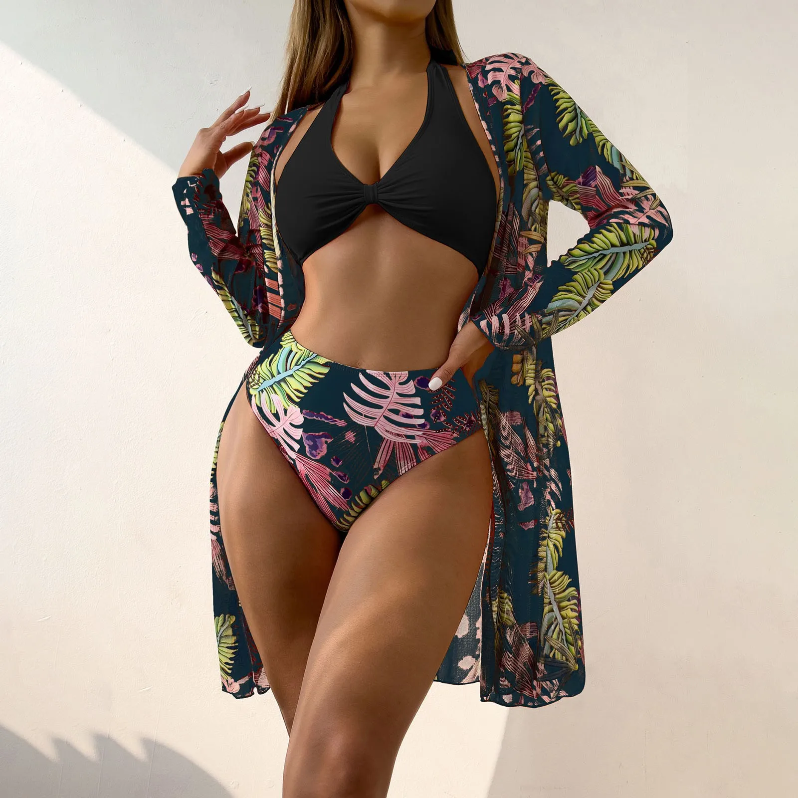 Halter Print Bikini 2024 Women Swimsuit With Kimono High Waist Swimwear Female Bathers Bathing Swimming Swim Suit Beachwear 3pcs