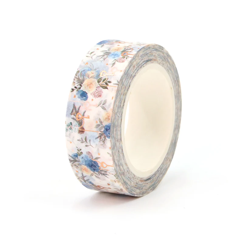 NEW 1PC. 10M Decorative Gold Foil Blue Flowers Leaves Washi Tape Scrapbooking Adhesive Masking Tape Cute Journal Material