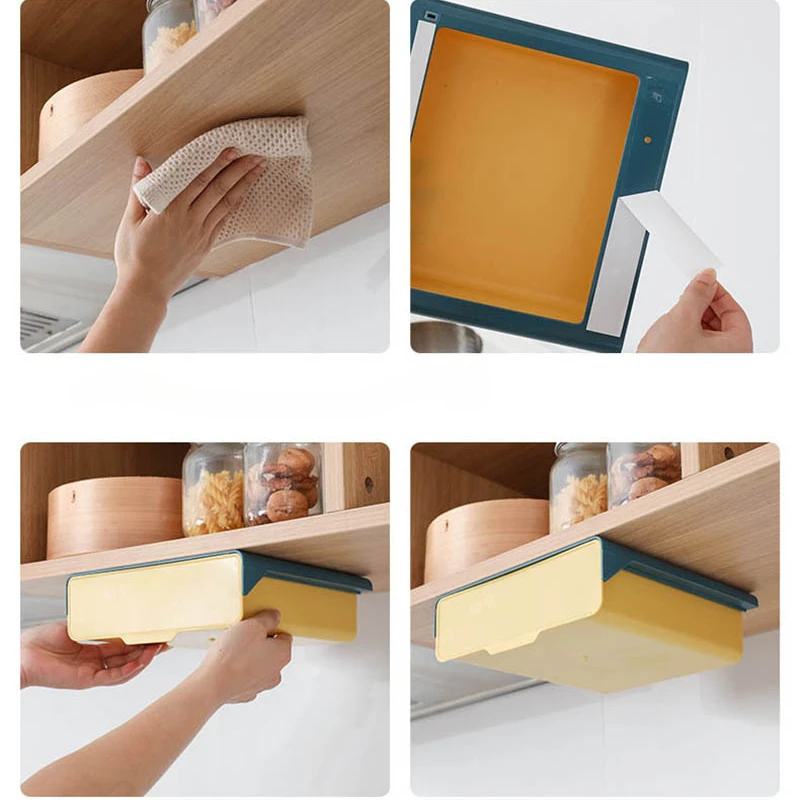 Hidden Hanging Storage Organizer Kitchen Drawer Storage Box Punch-Free Under Table Self-Adhesive Drawer Case Fork Spoon Tray