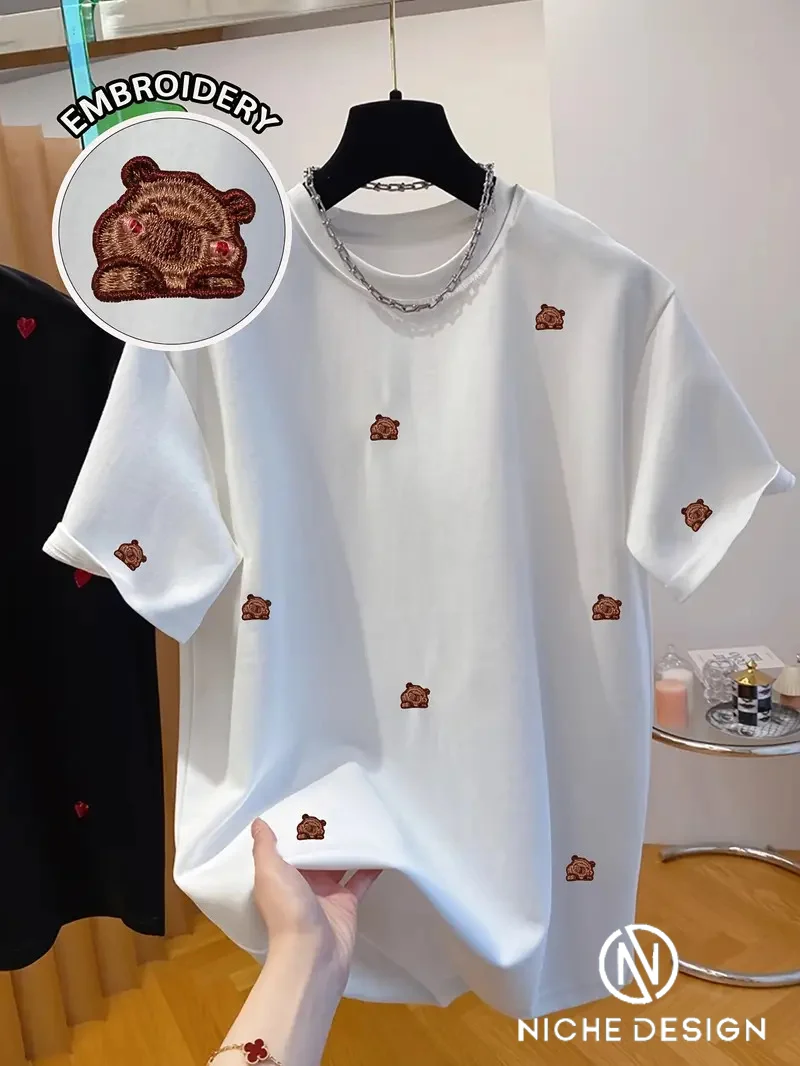 

Women's Embroidered T-Shirt,Y2k Style,Cute Brown Bargain,Round Neck Short Sleeve Blouse - Machine Washable Casual Shirt for Wome