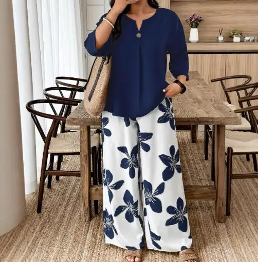 بانت مجموعات بلون الخامس الرقبة طويلة الأكمام فضفاضة تي شيرت أعلى عالية الخصر مستقيم الساق السراويل مجموعة المرأة أنيقة عارضة بانت مجموعات #4