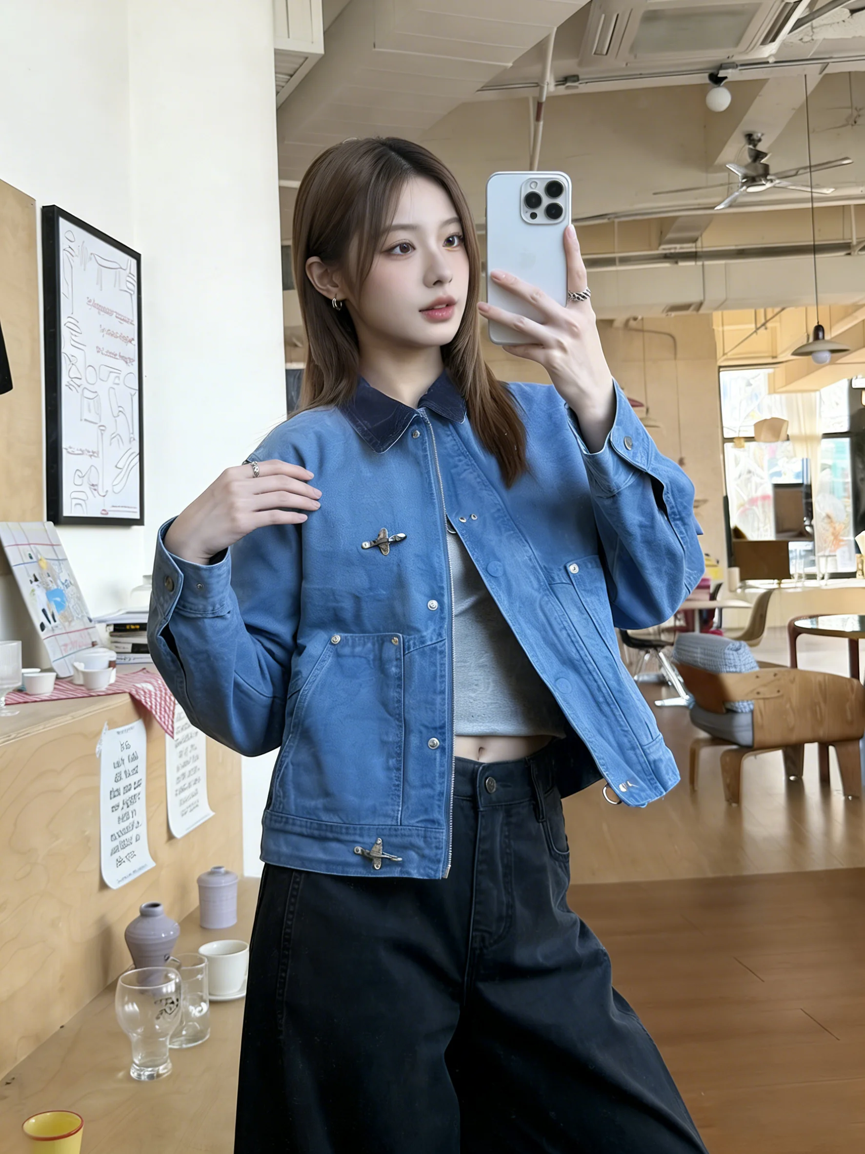 

Retro American Blue Distred Splicing Collar Lobster Bule Jaet Women Early Spring ort Loose Design Top