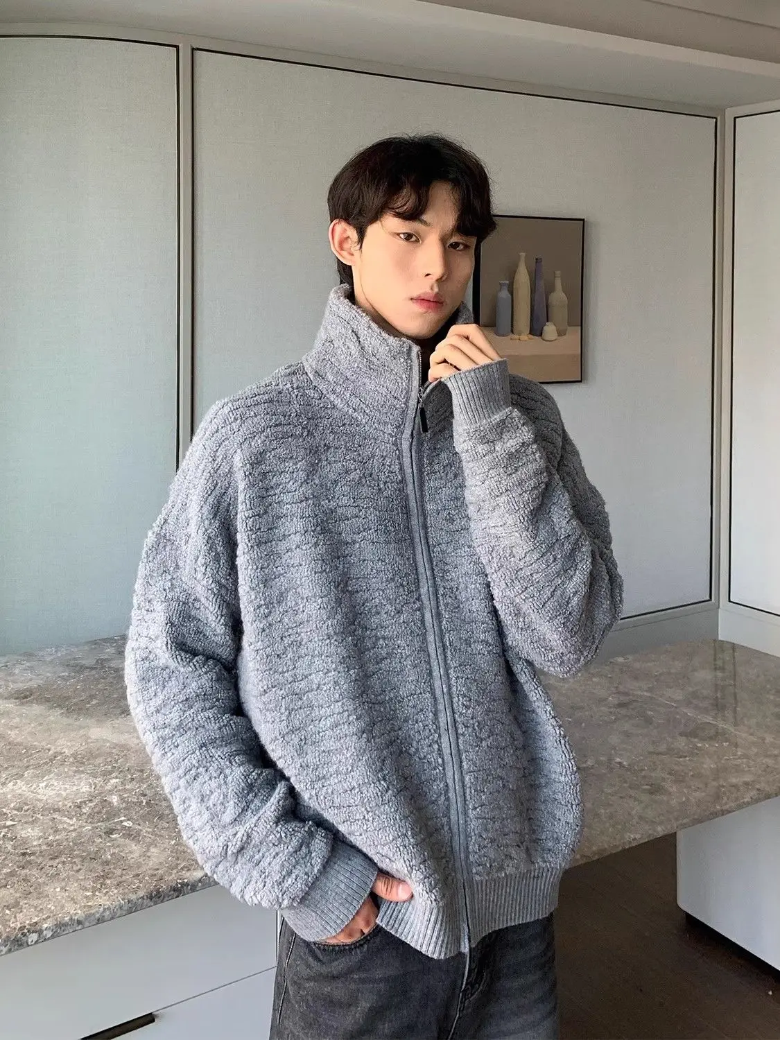 

Lazy style soft glutinous turtleneck zipper cardigan sweater jacket men's autumn and winter Korean simple knitted sweater