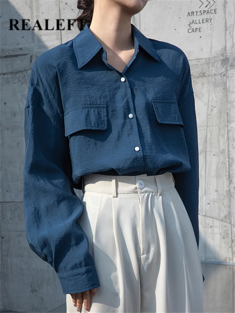 

REALEFT 2022 New Blue Women's Blouse Turn-down Collar Casual Loose Female Blouse Chic Tops Workwear Shirts Spring Summer