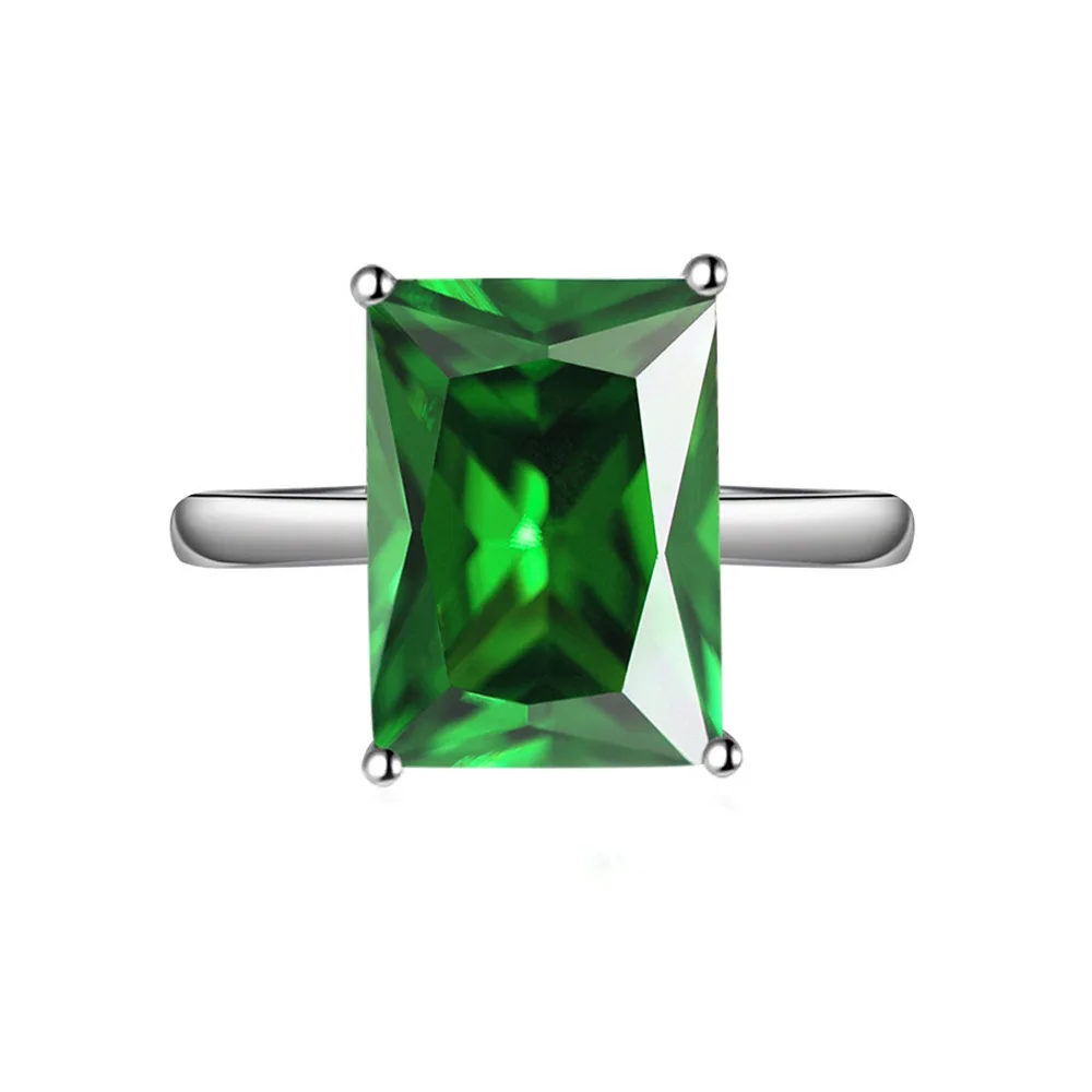 Emerald Cut Green Simulated Nano Emerald 925 Sterling Silver Rectangle Geometric Ring for Women  Statement Gemstone Jewelry Anel